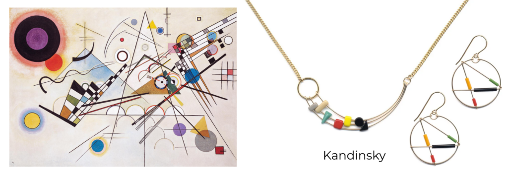 Wassily Kandinsky painting of Composition 8 (1923) which is comprised of bold straight lines and some squiggles dashing around with colorful circles alongside a necklace and hoop earrings from I. Ronni Kappos called Kandinsky made using wires and beads to convey a similar composition.