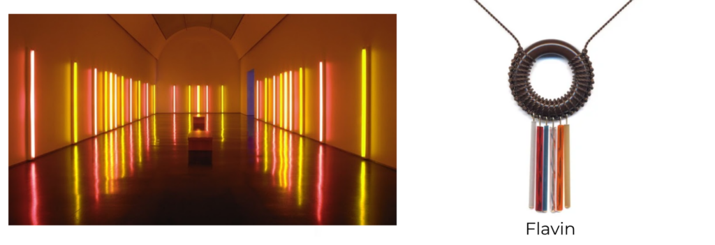 Artist Dan Flavin’s 1967 light installation titled Alternating Pink and Gold, featuring vertical fluorescent tube light bulbs arranged in a long, reflective, immersive gallery space alongside a necklace from I. Ronni Kappos called Dan Flavin Necklace made using a circular brown flat bead that is open in the center with fine brown cord neatly knotted around the perimeter with 6 skinny colorful rod-shaped beads hanging vertically from the bottom of the brown bead.