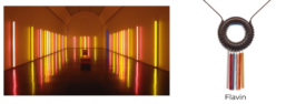 Artist Dan Flavin’s 1967 light installation titled Alternating Pink and Gold, featuring vertical fluorescent tube light bulbs arranged in a long, reflective, immersive gallery space alongside a necklace from I. Ronni Kappos called Dan Flavin Necklace made using a circular brown flat bead that is open in the center with fine brown cord neatly knotted around the perimeter with 6 skinny colorful rod-shaped beads hanging vertically from the bottom of the brown bead.