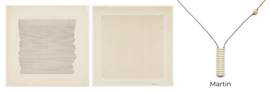 Artist Agnes Martin’s Untitled, 1960 (left) and Stone, 1964 (right) are square works both done with ink on paper that is an aged yellowed-cream color. Precisely drawn tight grids of lines covers most of the surfaces of both works one with straight lines on the border and one with the horizontal lines extending past the outside vertical lines at various lengths. Next to these works is a necklace by I. Ronni Kappos called “Agnes Martin Necklace” which is made of tiny, almost rice-shaped, off-white beads delicately spaced by thin brown cord in a stack that creates a Y-shape when worn and offset by a single white bead higher up on one side of the cord.